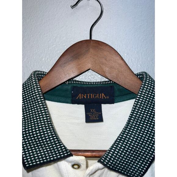 Vintage Antigua Polo Shirt White Green Checkered Sleeves Collared 100% Cotton 2X - Picture 5 of 9